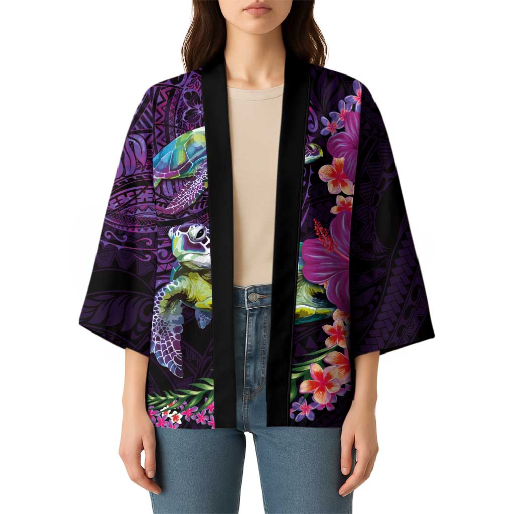 Hawaiian Plumeria and Hibiscus with Turtles Kimono Polynesian Art Purple Color - Polynesian Pride