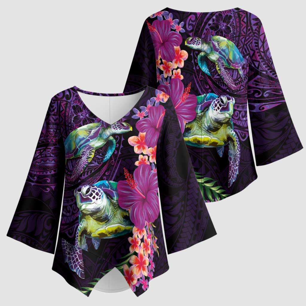 Hawaiian Plumeria and Hibiscus with Turtles Kimono Sleeve Blouse Polynesian Art Purple Color - Polynesian Pride