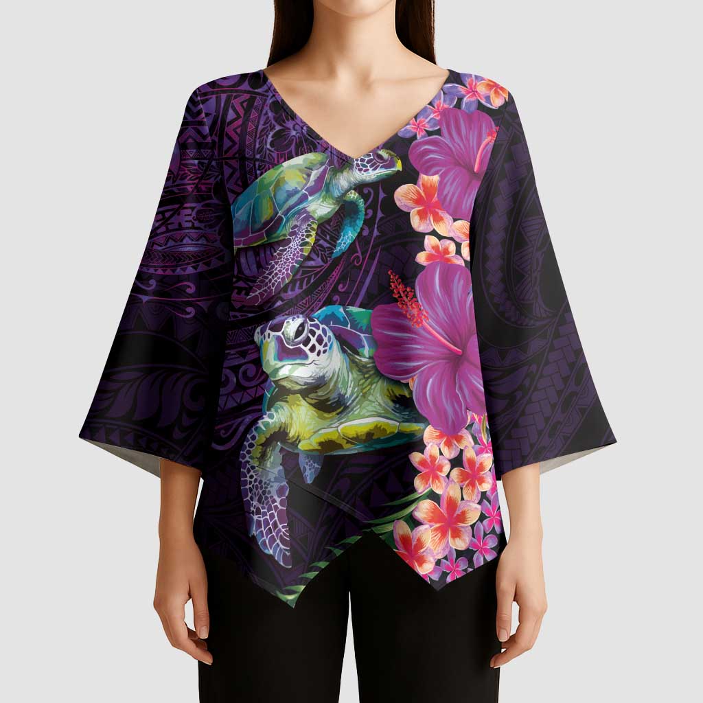 Hawaiian Plumeria and Hibiscus with Turtles Kimono Sleeve Blouse Polynesian Art Purple Color - Polynesian Pride