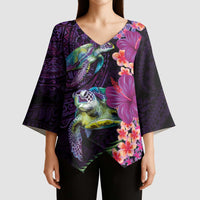 Hawaiian Plumeria and Hibiscus with Turtles Kimono Sleeve Blouse Polynesian Art Purple Color - Polynesian Pride