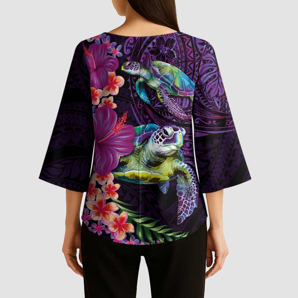 Hawaiian Plumeria and Hibiscus with Turtles Kimono Sleeve Blouse Polynesian Art Purple Color - Polynesian Pride