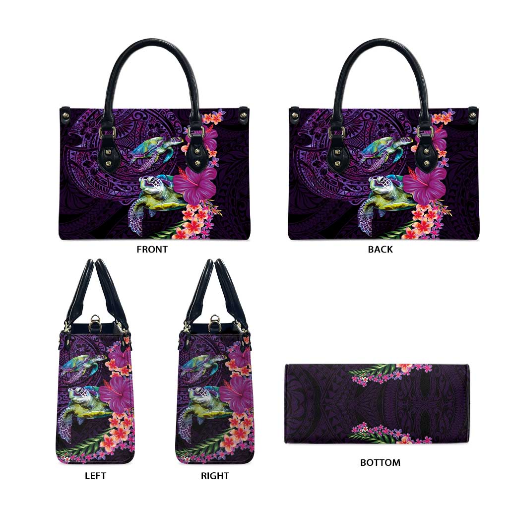 Hawaiian Plumeria and Hibiscus with Turtles Leather Bag Polynesian Art Purple Color - Polynesian Pride