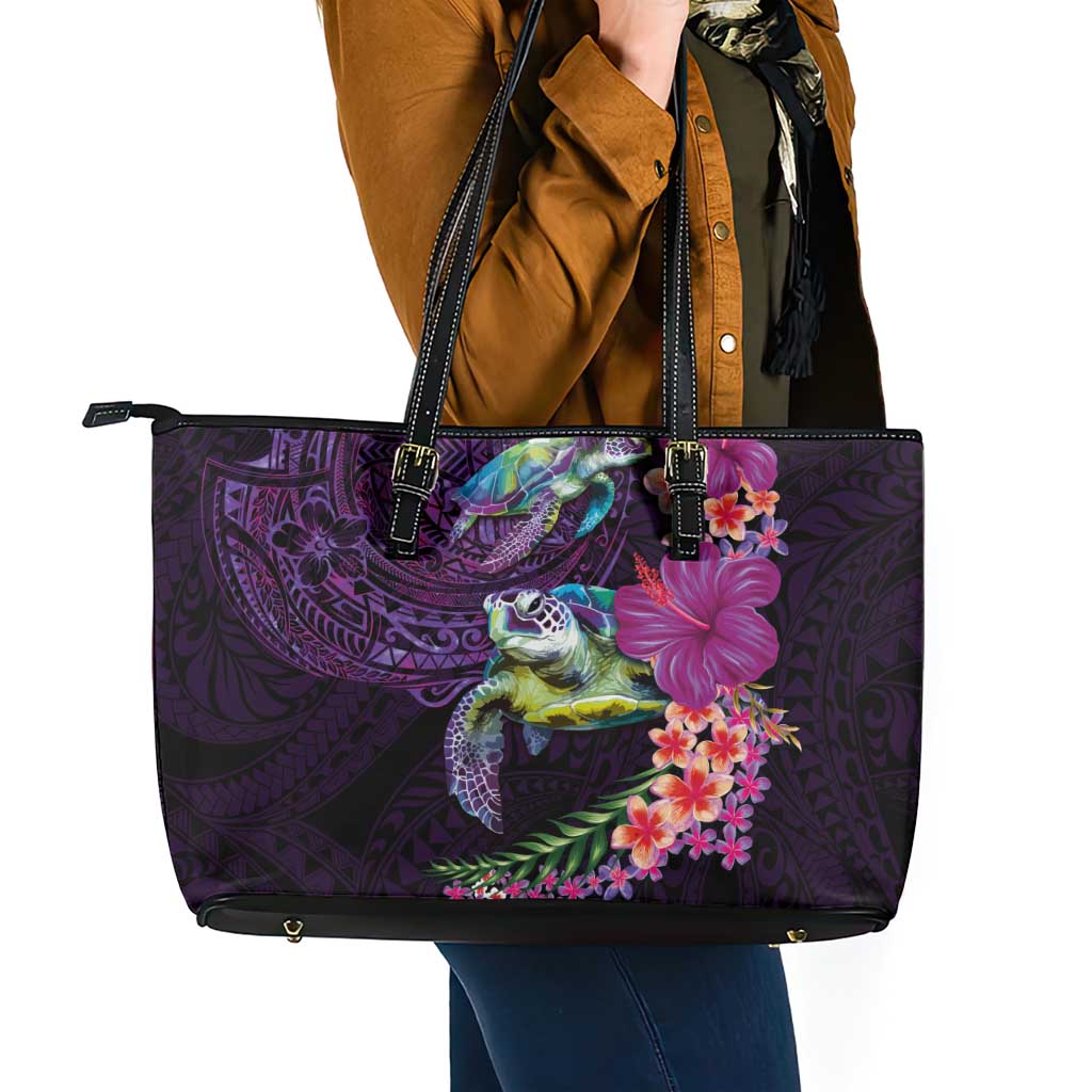 Hawaiian Plumeria and Hibiscus with Turtles Leather Tote Bag Polynesian Art Purple Color - Polynesian Pride