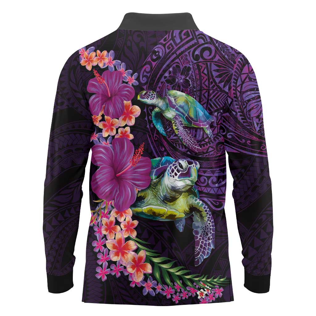 Hawaiian Plumeria and Hibiscus with Turtles Long Sleeve Polo Shirt Polynesian Art Purple Color - Polynesian Pride