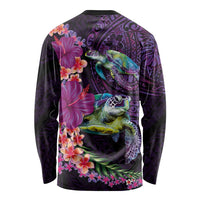 Hawaiian Plumeria and Hibiscus with Turtles Long Sleeve Shirt Polynesian Art Purple Color - Polynesian Pride