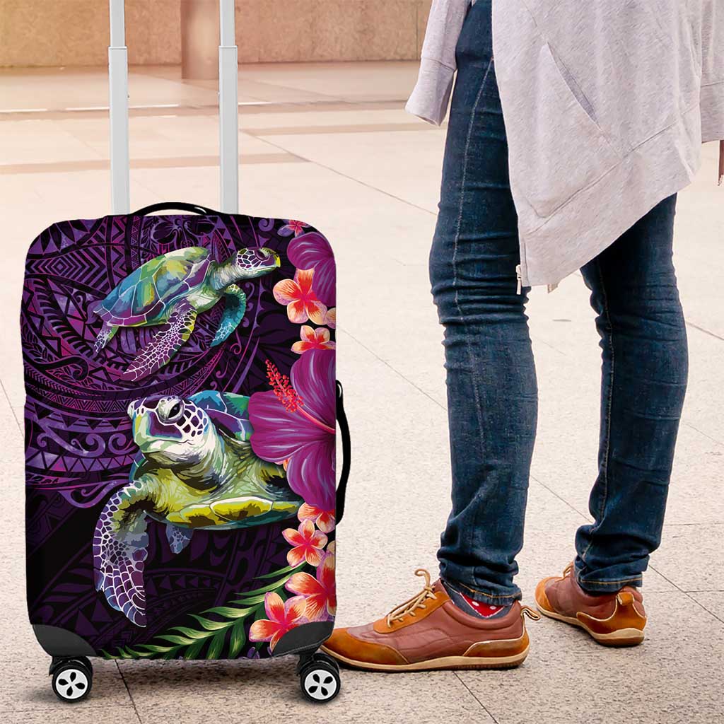 Hawaiian Plumeria and Hibiscus with Turtles Luggage Cover Polynesian Art Purple Color - Polynesian Pride