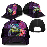 Hawaiian Plumeria and Hibiscus with Turtles Mesh Trucker Cap Polynesian Art Purple Color - Polynesian Pride