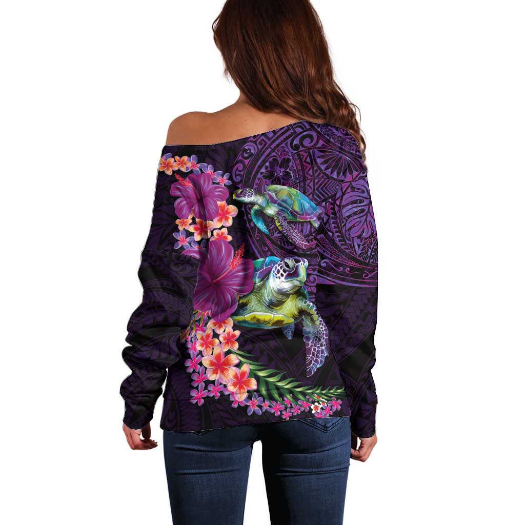 Hawaiian Plumeria and Hibiscus with Turtles Off Shoulder Sweater Polynesian Art Purple Color - Polynesian Pride