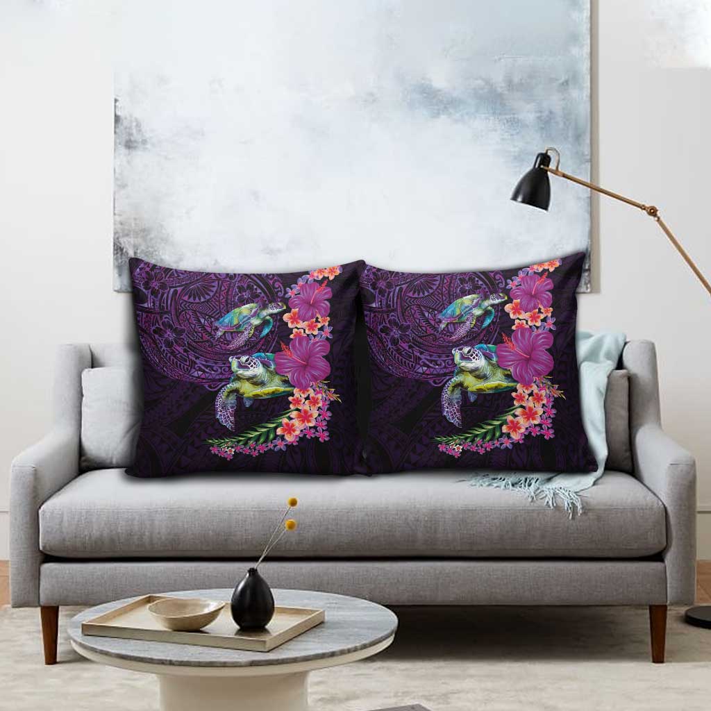 Hawaiian Plumeria and Hibiscus with Turtles Pillow Cover Polynesian Art Purple Color - Polynesian Pride