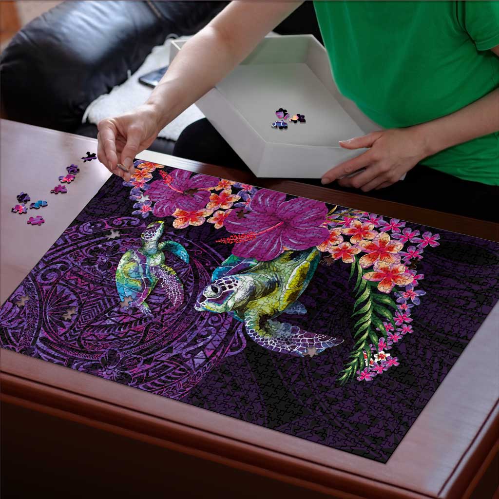 Hawaiian Plumeria and Hibiscus with Turtles Puzzle Polynesian Art Purple Color - Polynesian Pride