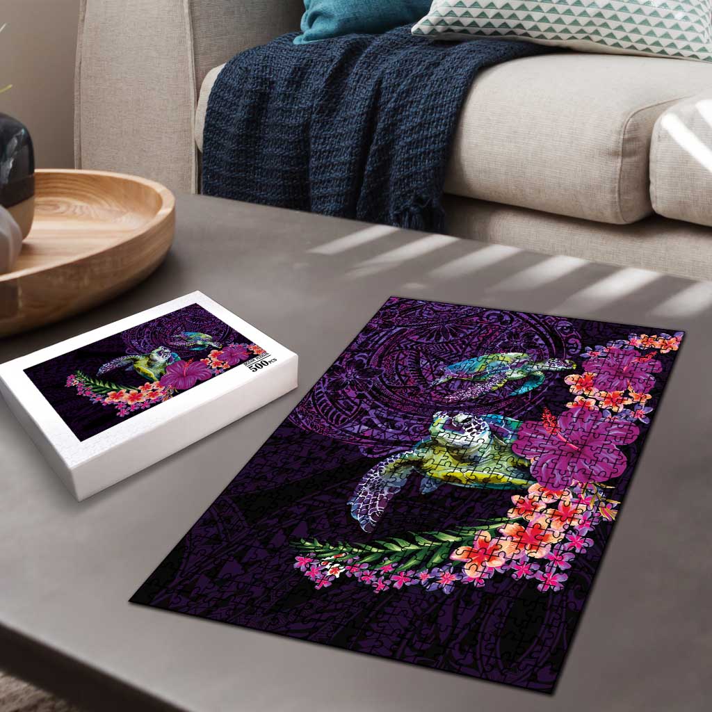Hawaiian Plumeria and Hibiscus with Turtles Puzzle Polynesian Art Purple Color - Polynesian Pride
