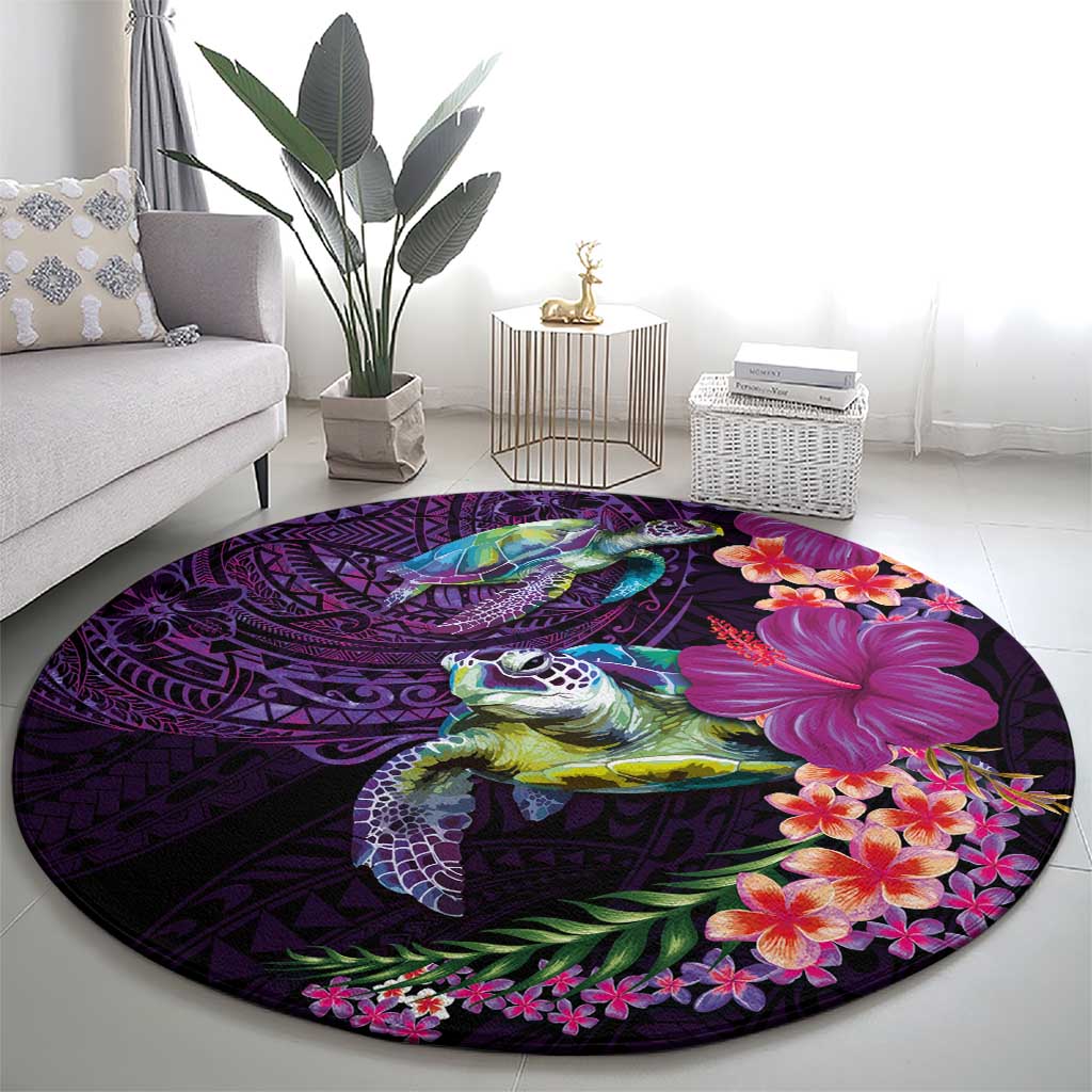 Hawaiian Plumeria and Hibiscus with Turtles Round Carpet Polynesian Art Purple Color - Polynesian Pride