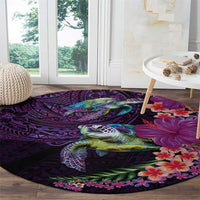 Hawaiian Plumeria and Hibiscus with Turtles Round Carpet Polynesian Art Purple Color - Polynesian Pride