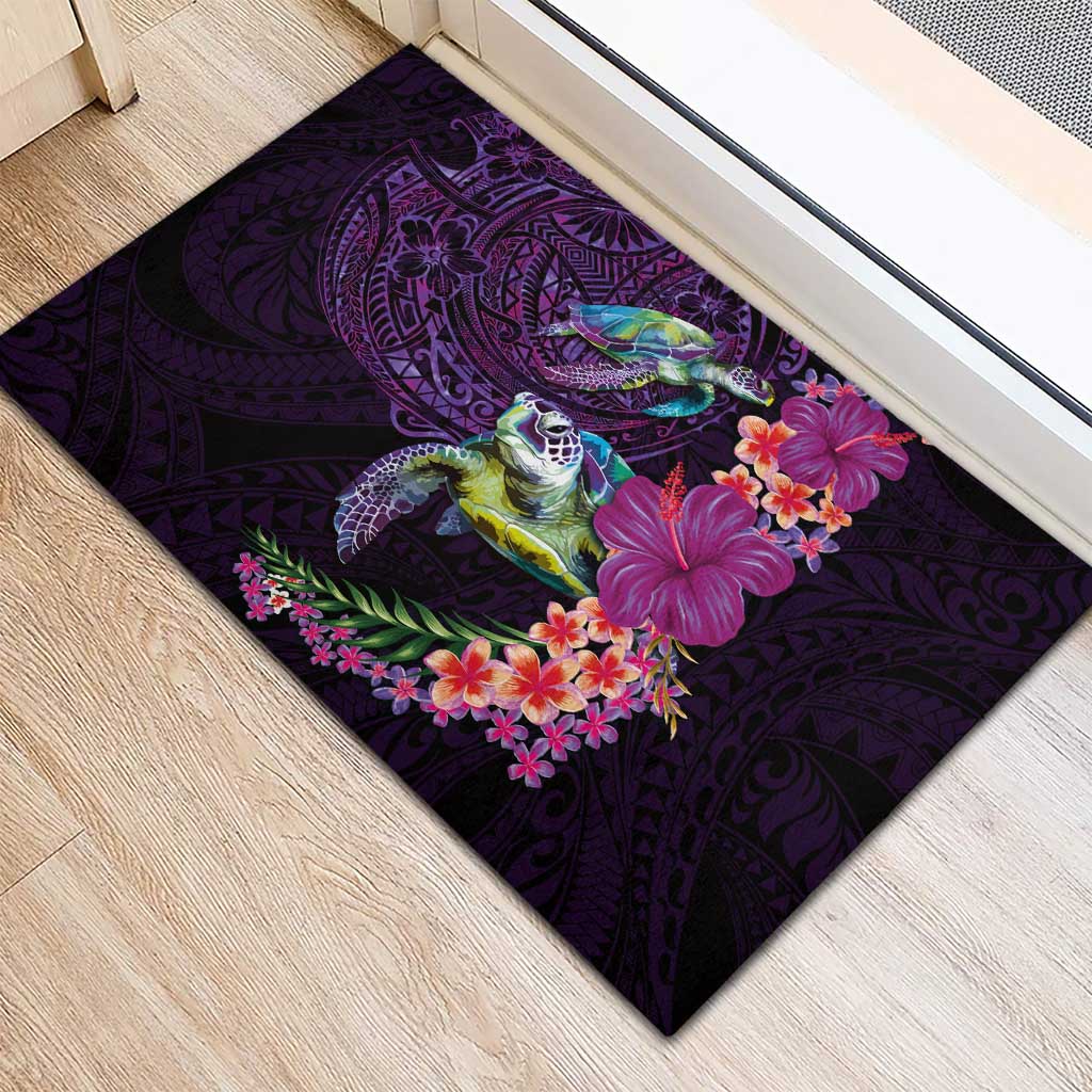 Hawaiian Plumeria and Hibiscus with Turtles Rubber Doormat Polynesian Art Purple Color - Polynesian Pride