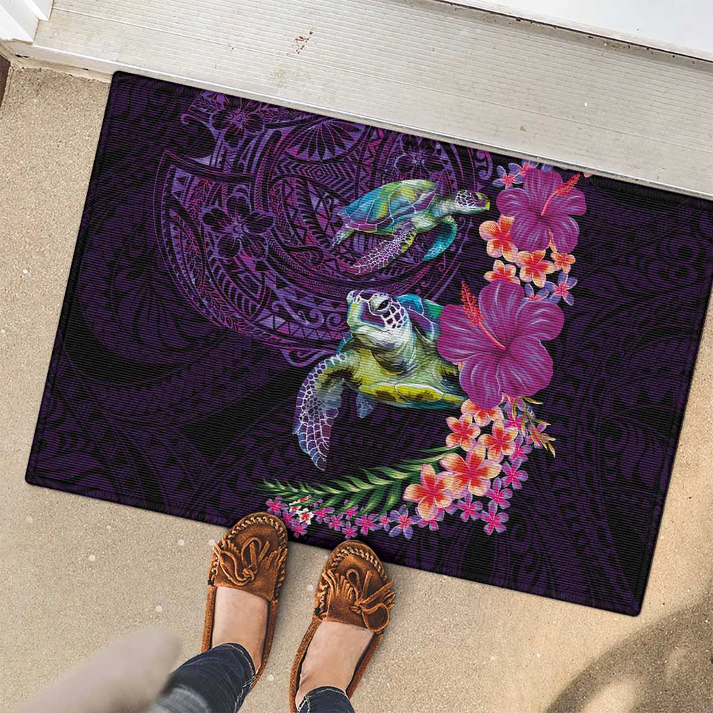 Hawaiian Plumeria and Hibiscus with Turtles Rubber Doormat Polynesian Art Purple Color - Polynesian Pride