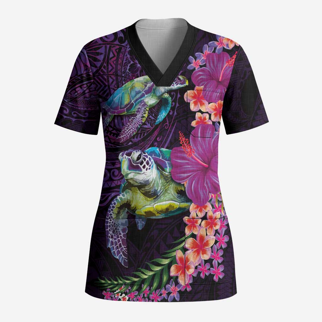 Hawaiian Plumeria and Hibiscus with Turtles Scrub Top Polynesian Art Purple Color - Polynesian Pride