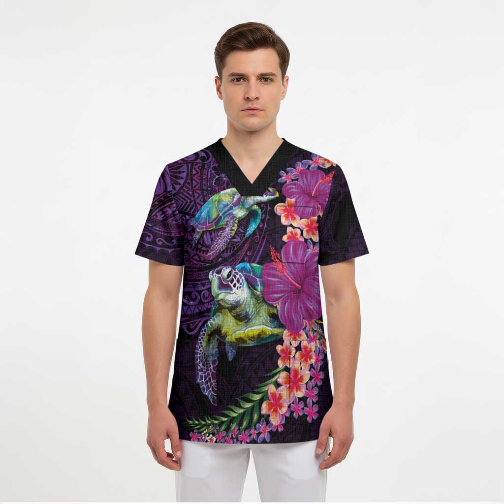 Hawaiian Plumeria and Hibiscus with Turtles Scrub Top Polynesian Art Purple Color - Polynesian Pride