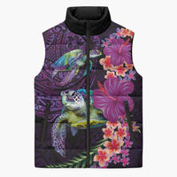 Hawaiian Plumeria and Hibiscus with Turtles Sleeveless Puffer Jacket Polynesian Art Purple Color - Polynesian Pride