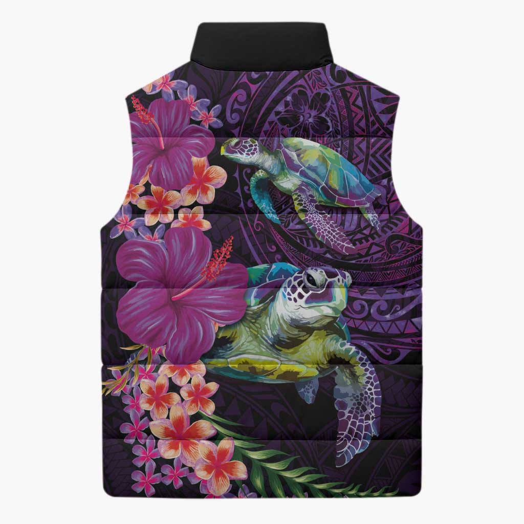 Hawaiian Plumeria and Hibiscus with Turtles Sleeveless Puffer Jacket Polynesian Art Purple Color - Polynesian Pride