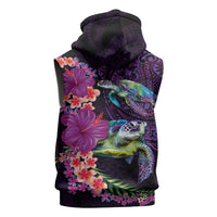 Hawaiian Plumeria and Hibiscus with Turtles Sleeveless Zip Hoodie Polynesian Art Purple Color - Polynesian Pride