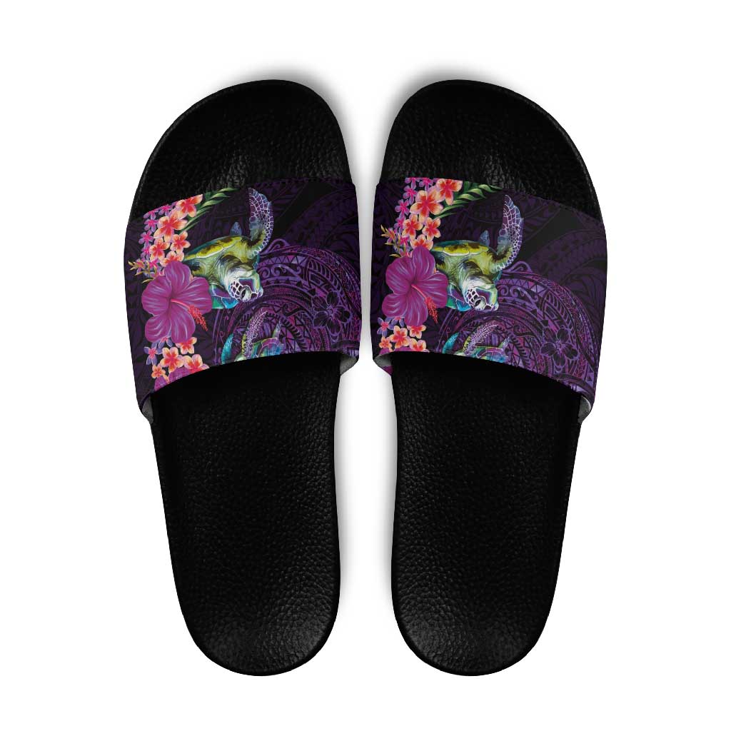 Hawaiian Plumeria and Hibiscus with Turtles Slide Sandals Polynesian Art Purple Color - Polynesian Pride