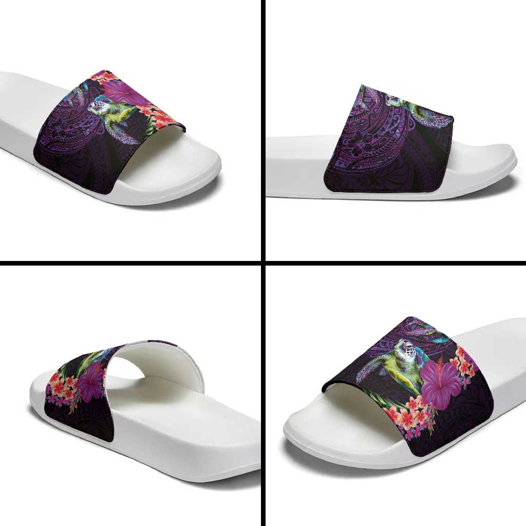 Hawaiian Plumeria and Hibiscus with Turtles Slide Sandals Polynesian Art Purple Color - Polynesian Pride