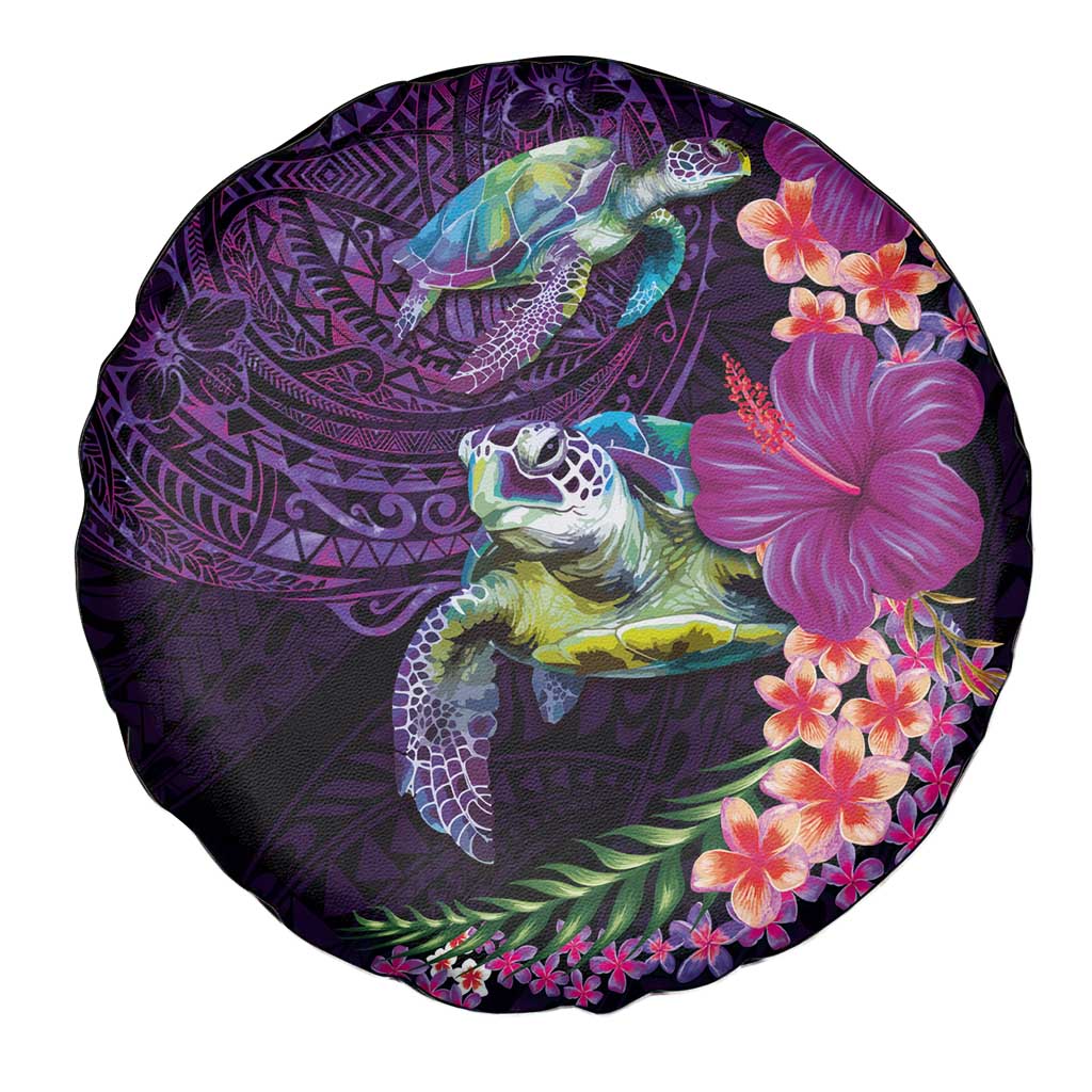 Hawaiian Plumeria and Hibiscus with Turtles Spare Tire Cover Polynesian Art Purple Color - Polynesian Pride