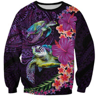 Hawaiian Plumeria and Hibiscus with Turtles Sweatshirt Polynesian Art Purple Color - Polynesian Pride
