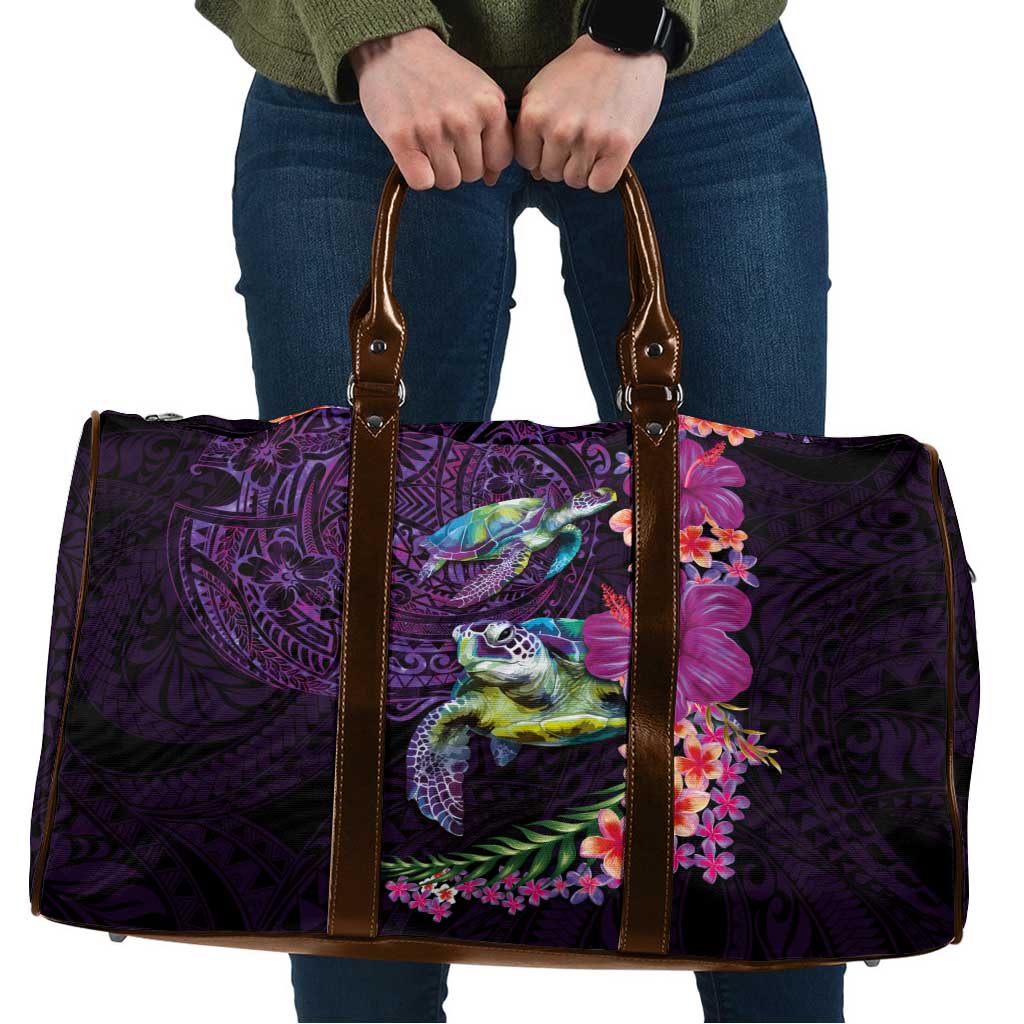 Hawaiian Plumeria and Hibiscus with Turtles Travel Bag Polynesian Art Purple Color - Polynesian Pride