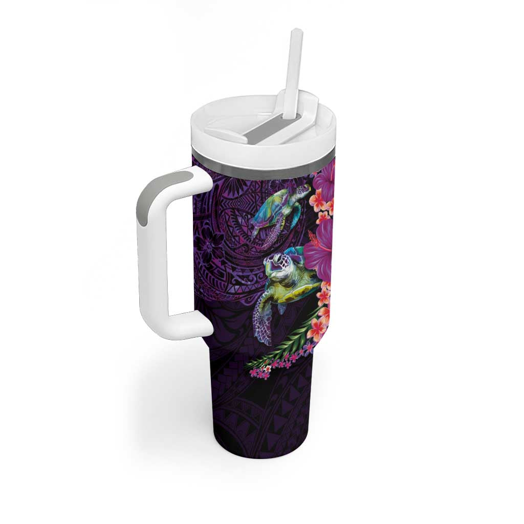 Hawaiian Plumeria and Hibiscus with Turtles Tumbler With Handle Polynesian Art Purple Color - Polynesian Pride