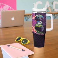 Hawaiian Plumeria and Hibiscus with Turtles Tumbler With Handle Polynesian Art Purple Color - Polynesian Pride