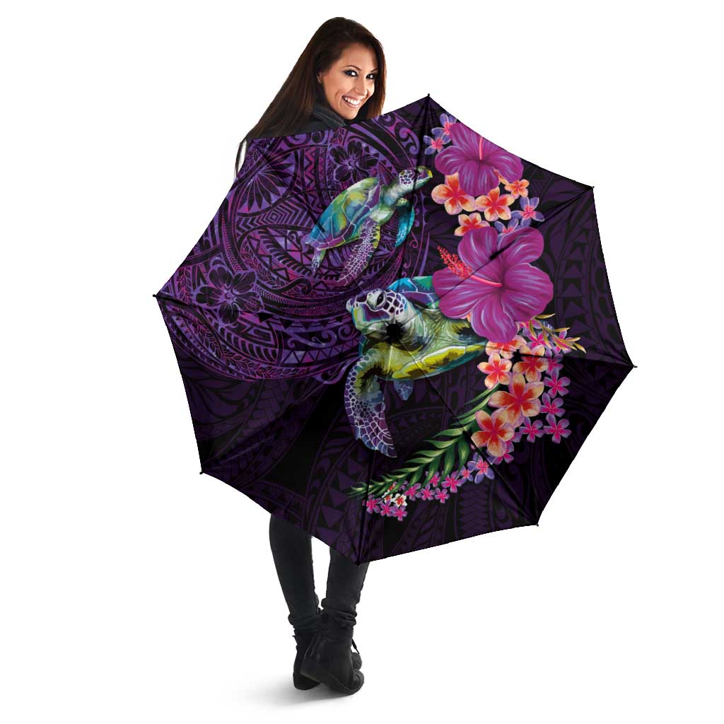 Hawaiian Plumeria and Hibiscus with Turtles Umbrella Polynesian Art Purple Color - Polynesian Pride