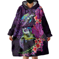 Hawaiian Plumeria and Hibiscus with Turtles Wearable Blanket Hoodie Polynesian Art Purple Color - Polynesian Pride