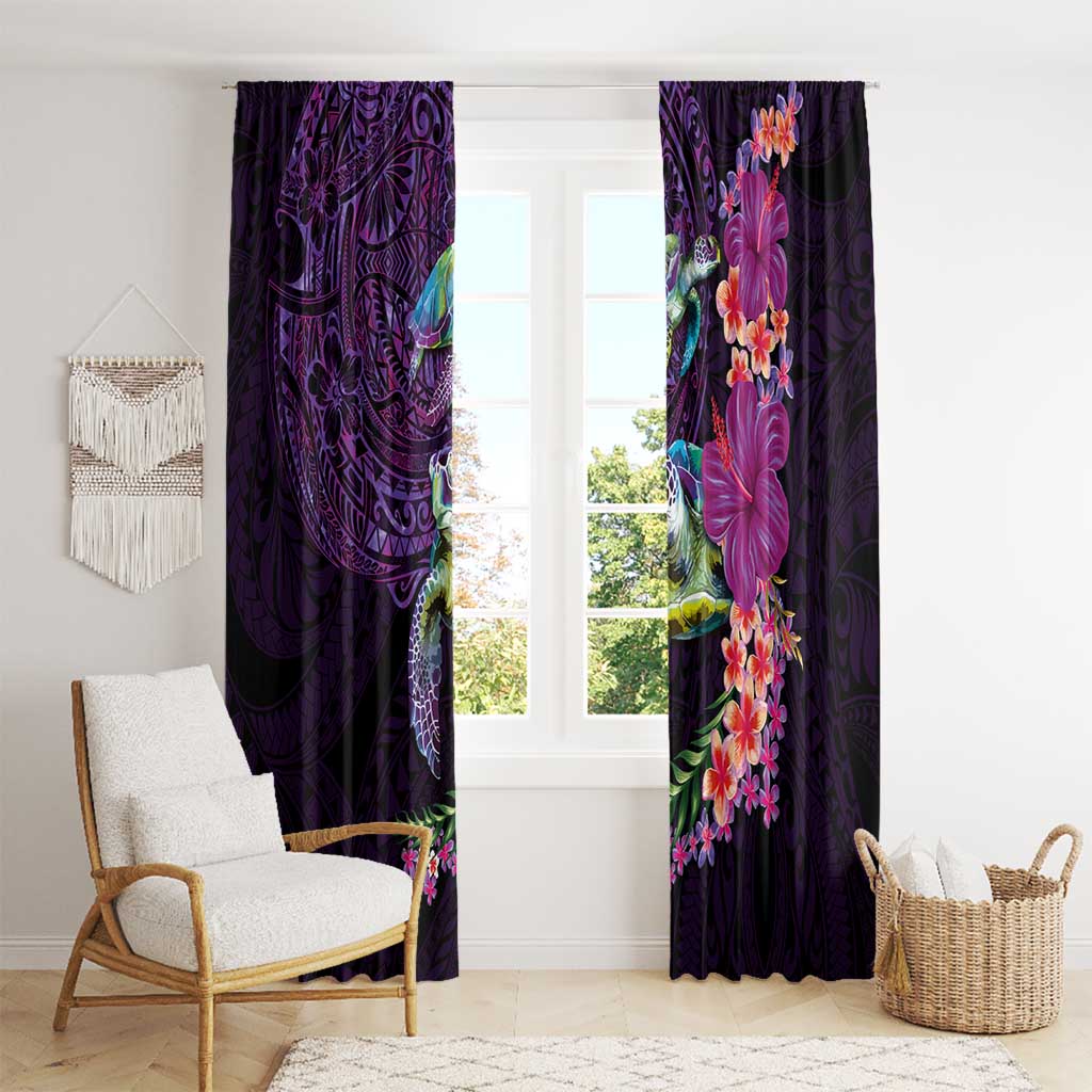 Hawaiian Plumeria and Hibiscus with Turtles Window Curtain Polynesian Art Purple Color - Polynesian Pride