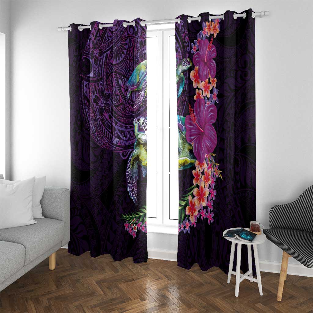 Hawaiian Plumeria and Hibiscus with Turtles Window Curtain Polynesian Art Purple Color - Polynesian Pride