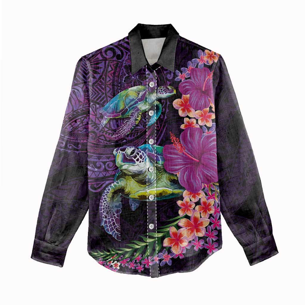Hawaiian Plumeria and Hibiscus with Turtles Women Casual Shirt Polynesian Art Purple Color - Polynesian Pride