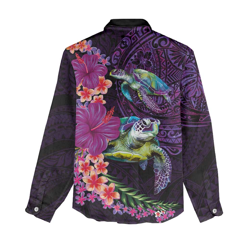 Hawaiian Plumeria and Hibiscus with Turtles Women Casual Shirt Polynesian Art Purple Color - Polynesian Pride