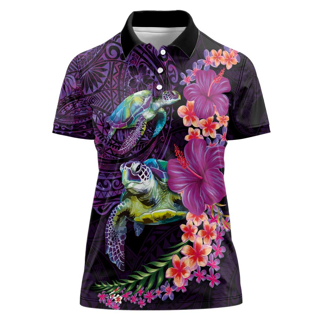 Hawaiian Plumeria and Hibiscus with Turtles Women Polo Shirt Polynesian Art Purple Color - Polynesian Pride