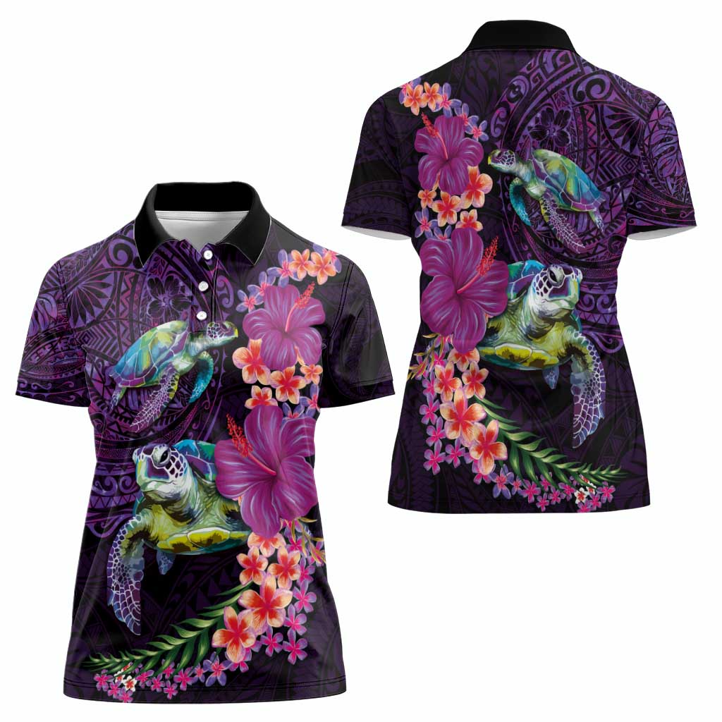 Hawaiian Plumeria and Hibiscus with Turtles Women Polo Shirt Polynesian Art Purple Color - Polynesian Pride