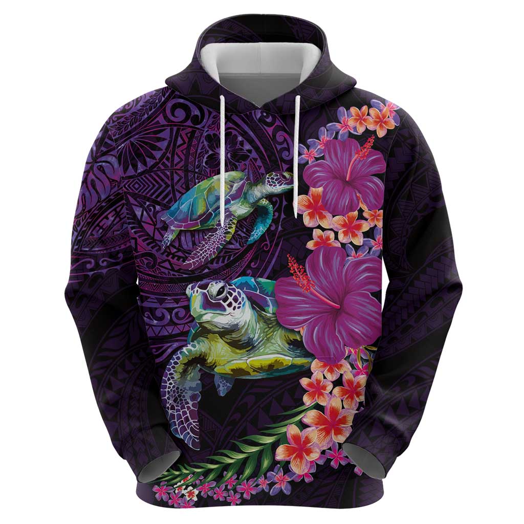 Hawaiian Plumeria and Hibiscus with Turtles Zip Hoodie Polynesian Art Purple Color - Polynesian Pride
