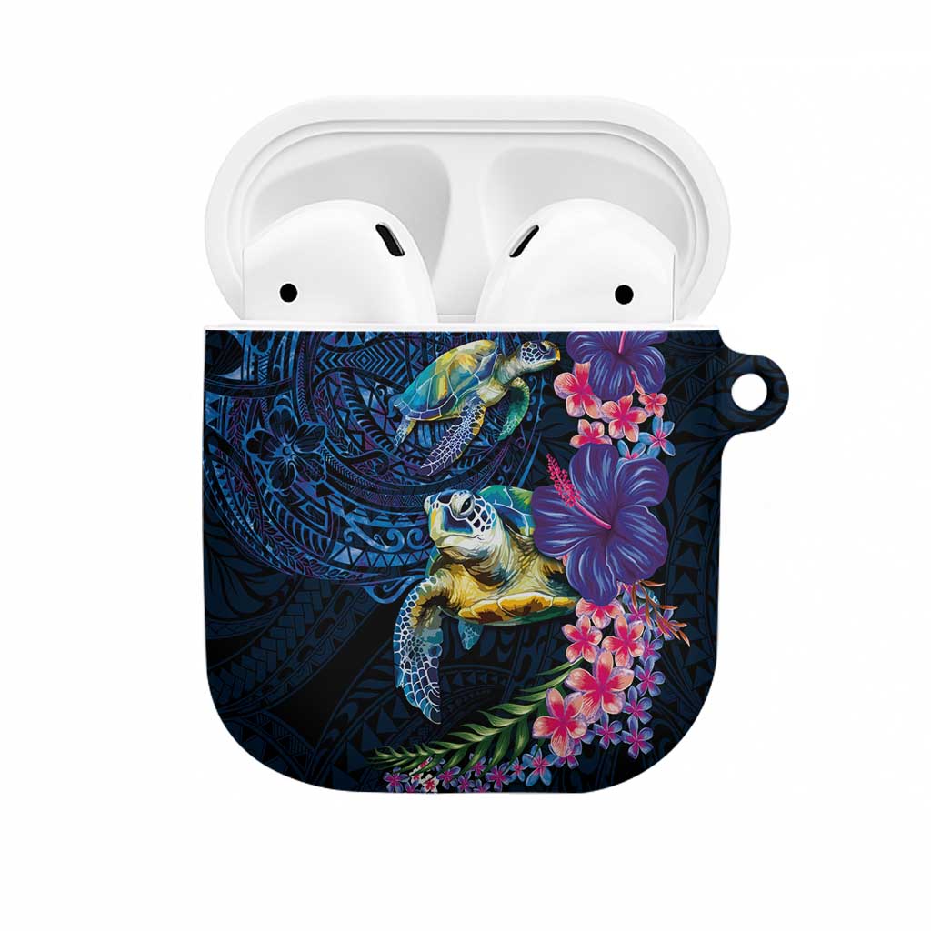 Hawaiian Plumeria and Hibiscus with Turtles AirPods Case Polynesian Art Dark Cyan Color - Polynesian Pride