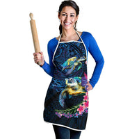 Hawaiian Plumeria and Hibiscus with Turtles Apron Polynesian Art Dark Cyan Color - Polynesian Pride