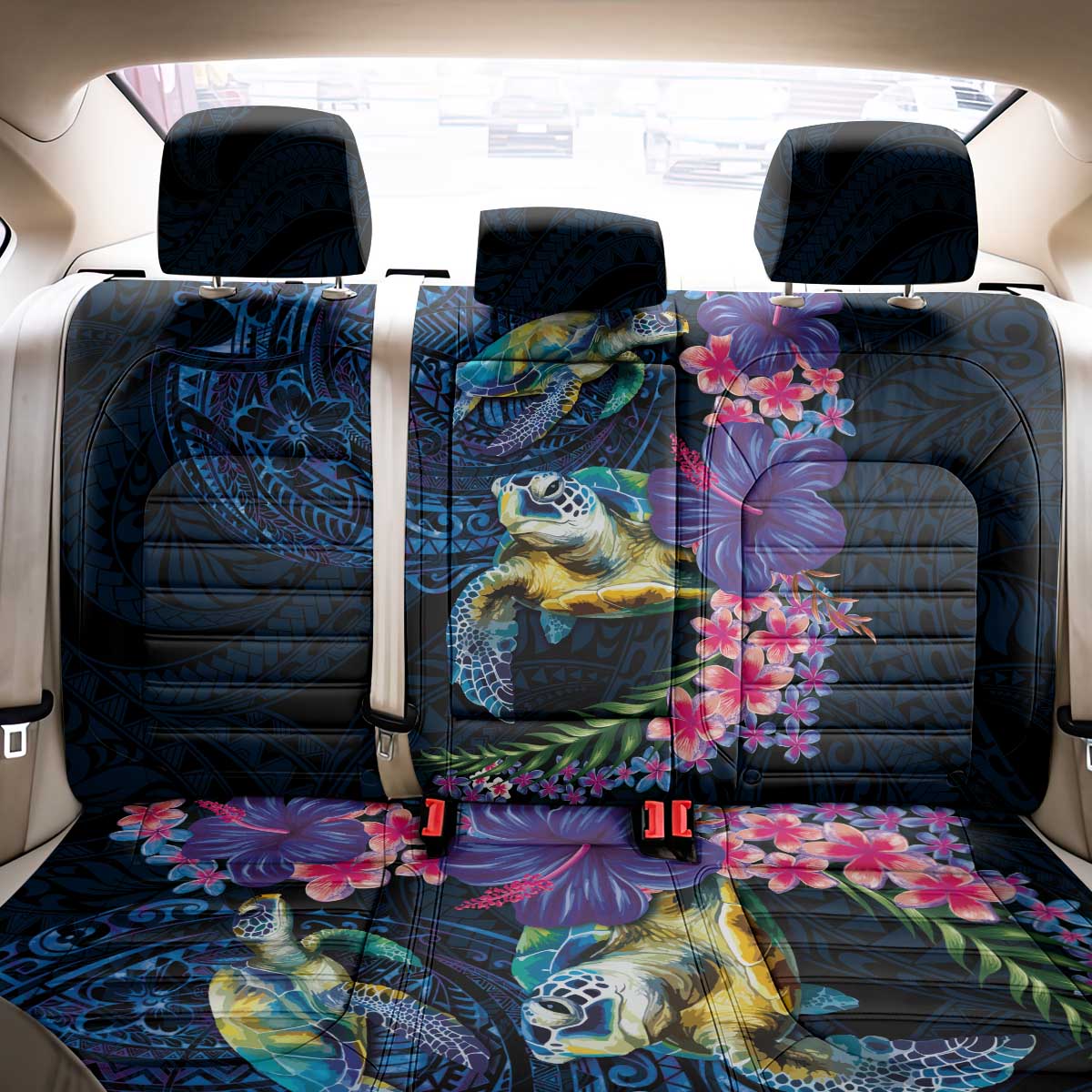 Hawaiian Plumeria and Hibiscus with Turtles Back Car Seat Cover Polynesian Art Dark Cyan Color - Polynesian Pride