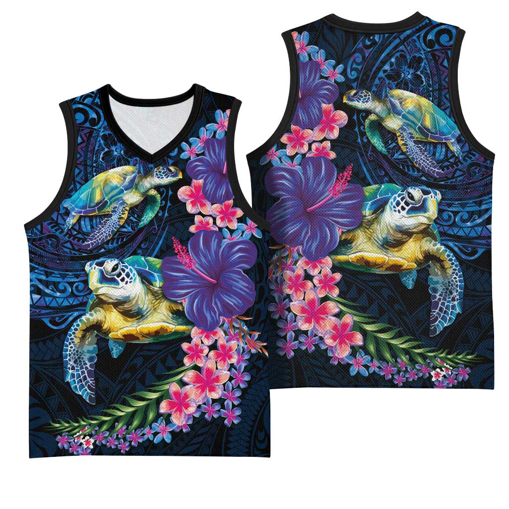 Hawaiian Plumeria and Hibiscus with Turtles Basketball Jersey Polynesian Art Dark Cyan Color - Polynesian Pride