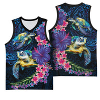 Hawaiian Plumeria and Hibiscus with Turtles Basketball Jersey Polynesian Art Dark Cyan Color - Polynesian Pride