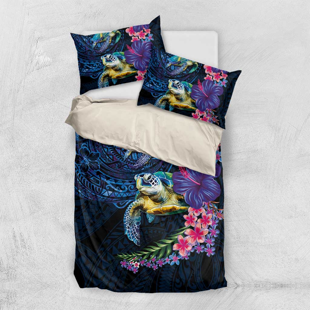 Hawaiian Plumeria and Hibiscus with Turtles Bedding Set Polynesian Art Dark Cyan Color - Polynesian Pride