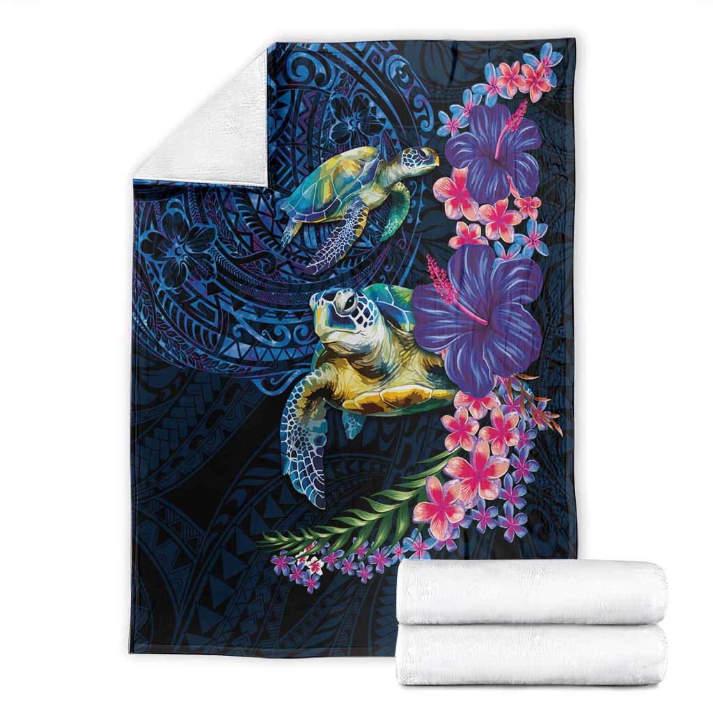 Hawaiian Plumeria and Hibiscus with Turtles Blanket Polynesian Art Dark Cyan Color - Polynesian Pride