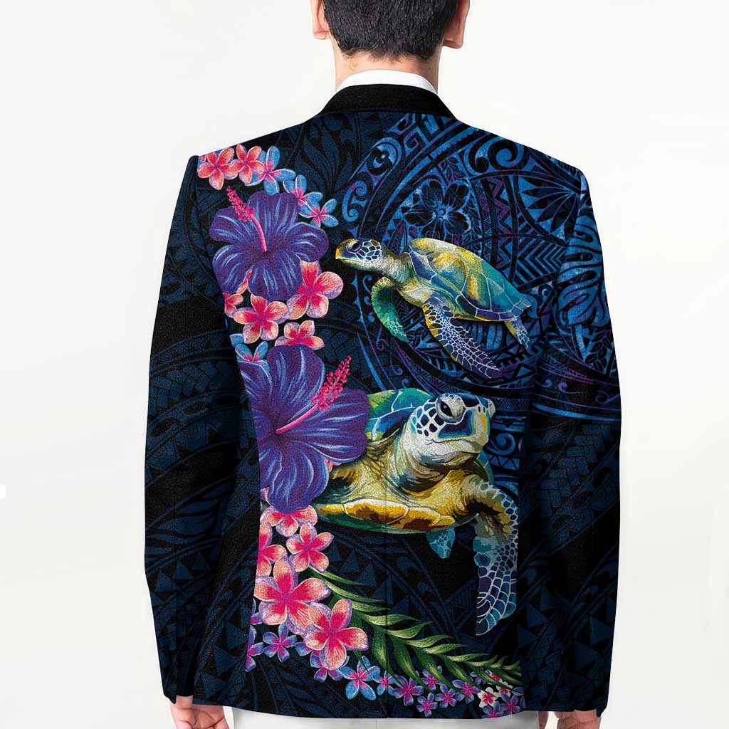 Hawaiian Plumeria and Hibiscus with Turtles Blazer Polynesian Art Dark Cyan Color - Polynesian Pride