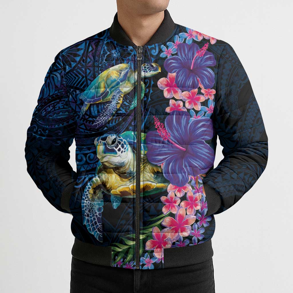 Hawaiian Plumeria and Hibiscus with Turtles Bomber Puffer Jacket Polynesian Art Dark Cyan Color - Polynesian Pride