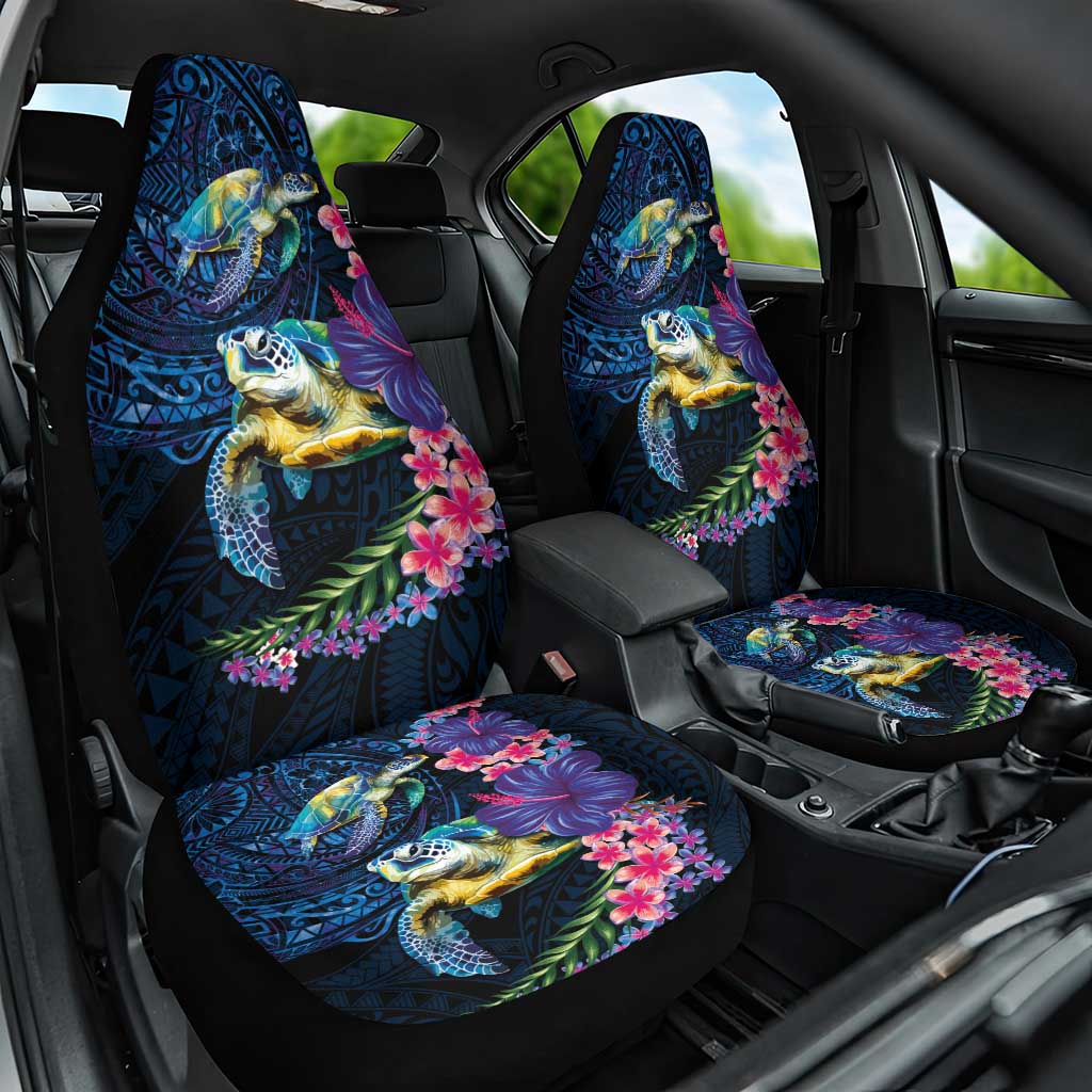 Hawaiian Plumeria and Hibiscus with Turtles Car Seat Cover Polynesian Art Dark Cyan Color - Polynesian Pride